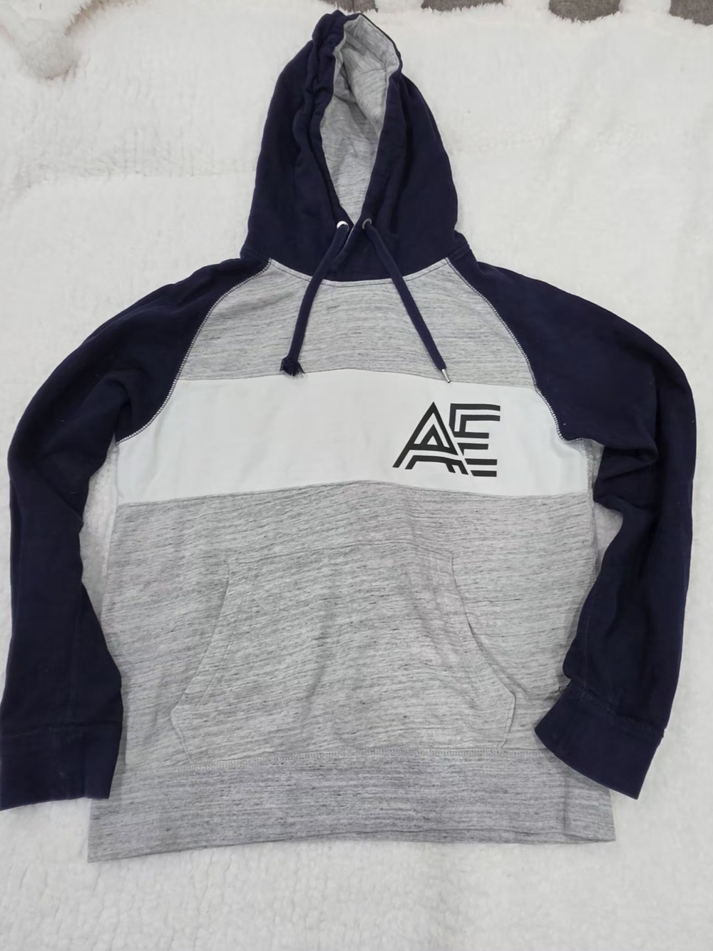 American Eagle Outfitters Men's Navy, Light Gray & White Colorblock Hoodie